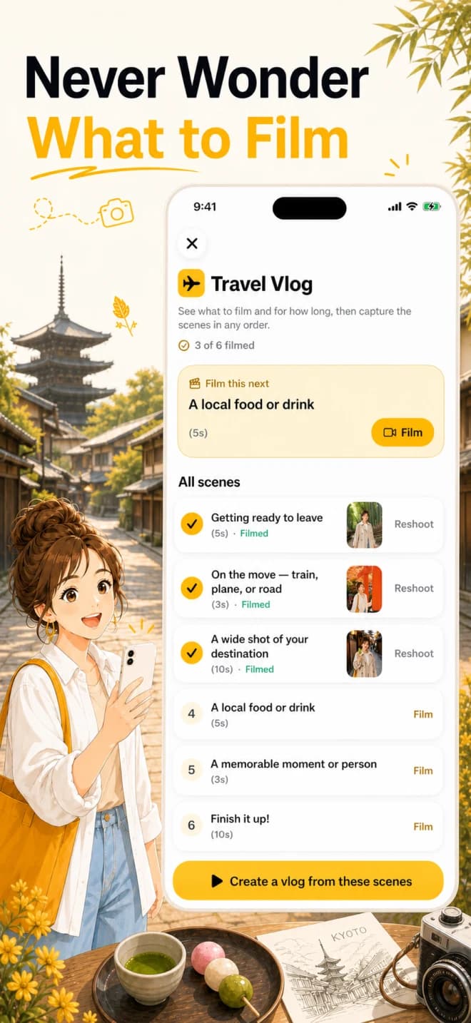 QuickVlog App Store visual showing a filming guide, the next scene, and shooting progress.