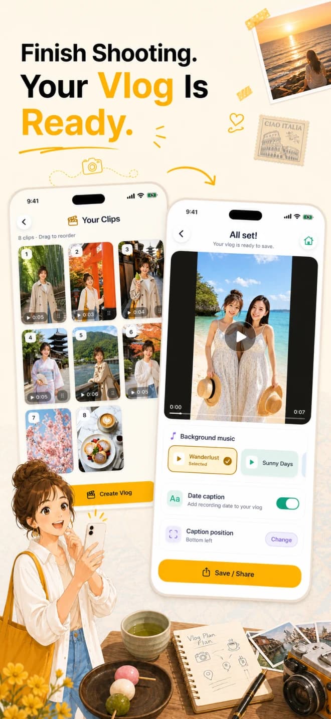 QuickVlog App Store visual showing recorded clips and a finished Vlog assembled automatically.