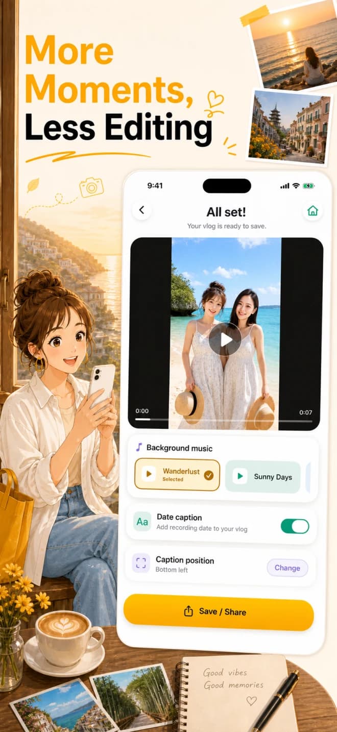 QuickVlog App Store visual showing BGM and date-caption options before saving or sharing a finished Vlog.