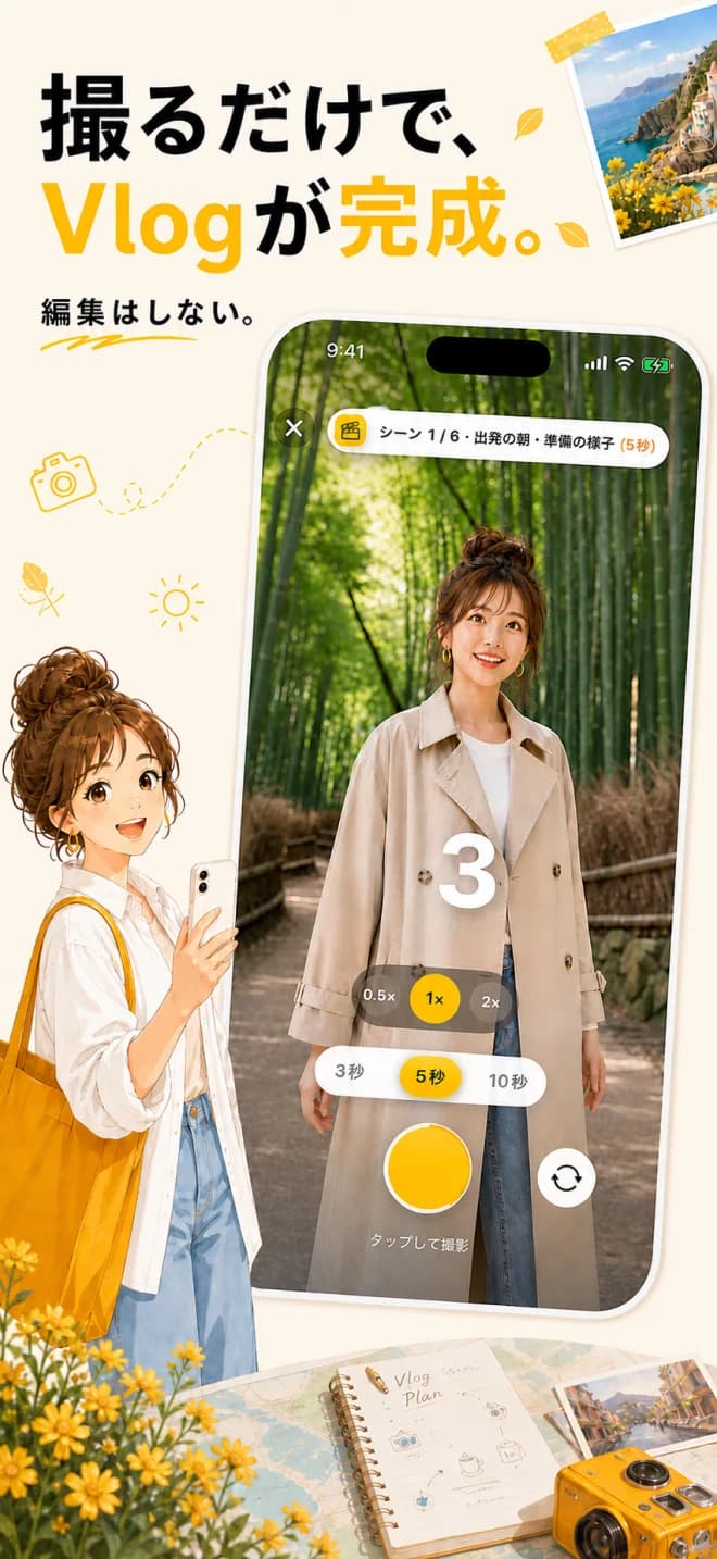 QuickVlogのApp Store紹介画像。旅行Vlogの撮影ガイドと、5秒撮影のカメラ画面。
