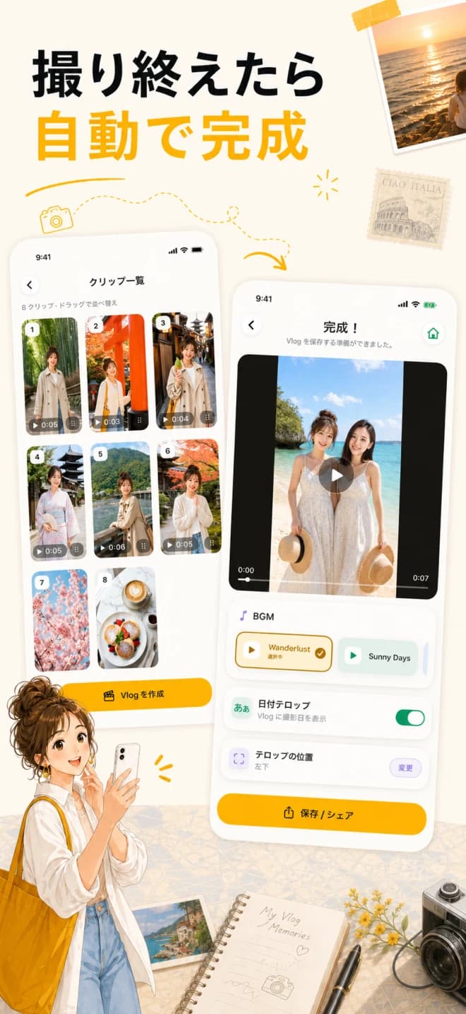 QuickVlogのApp Store紹介画像。撮影したクリップを確認し、完成Vlogへ自動でまとめる画面。