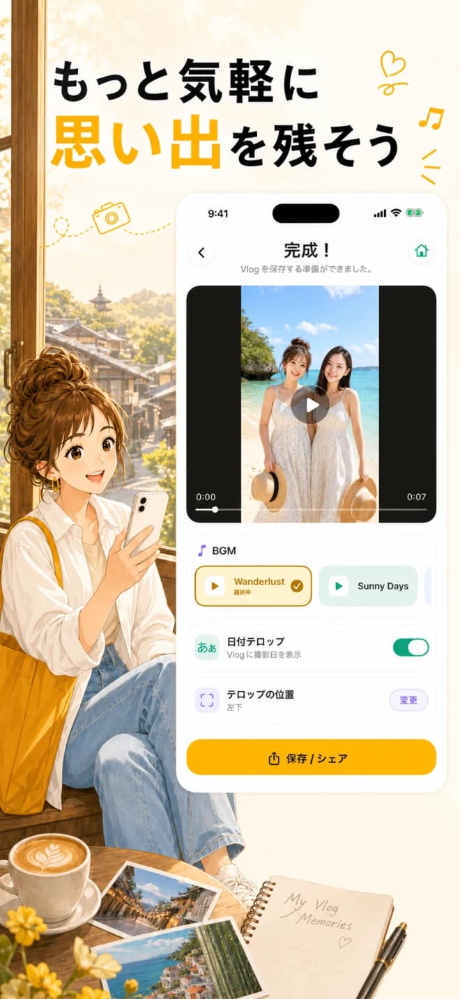 QuickVlogのApp Store紹介画像。完成したVlogにBGMと日付テロップを設定し、保存・共有する画面。