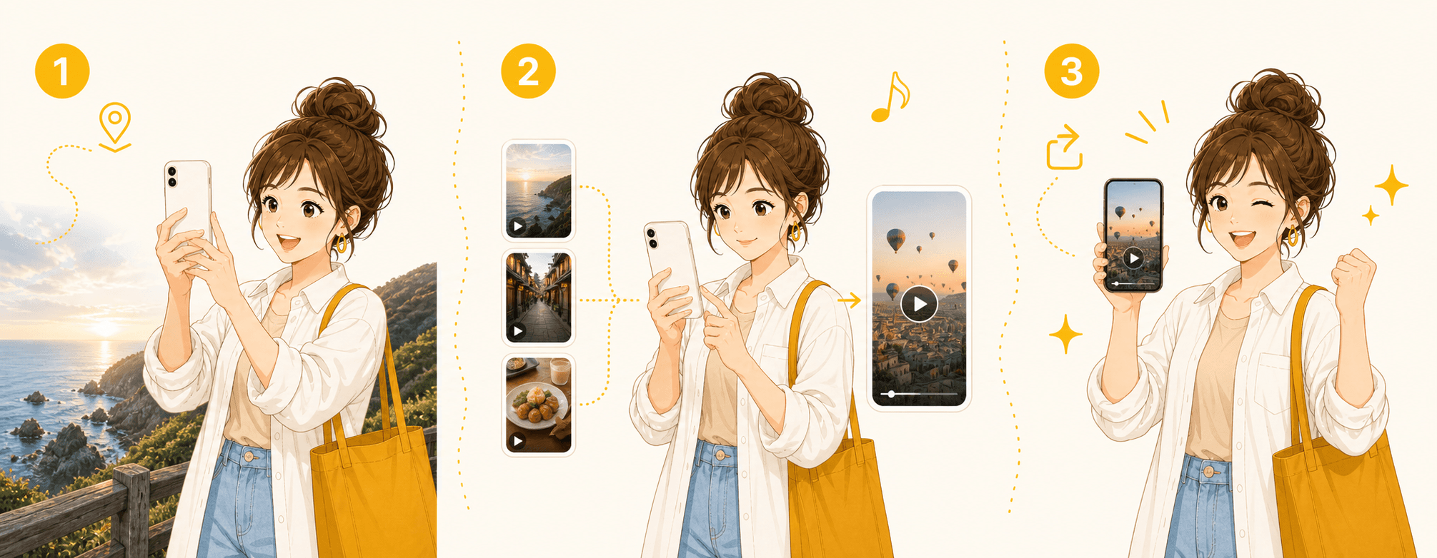 ミオが旅先で撮影し、クリップが1本のVlogにまとまり、完成した動画をシェアして喜ぶ3ステップのイラスト。